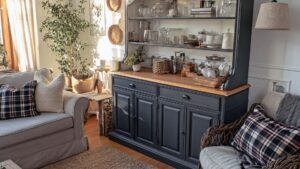 Cozy living room with a grey sofa, wicker armchair, black hutch with wooden top and glass shelves displaying kitchenware, and a tall green plant by the window.