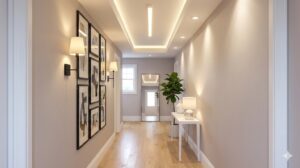 Modern narrow hallway with recessed ceiling lighting, console table and indoor plant