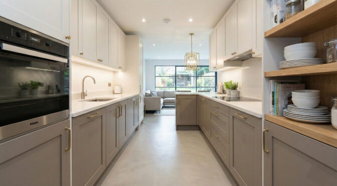 Galley kitchen with white and grey cabinets, glossy finishes, pendant lighting, and open-plan view to garden.