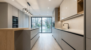 Modern galley kitchen with handleless white cabinets, under-cabinet lighting, statement pendants, and neutral contrast accents.