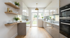 Small luxury galley kitchen with soft white cabinets, mirrored splashback, open shelves, and seamless flooring extending into adjacent room.