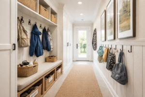 Narrow family hallway with built-in bench, woven storage baskets, wall hooks for coats and bags, and overhead shelving in a bright, neutral interior.