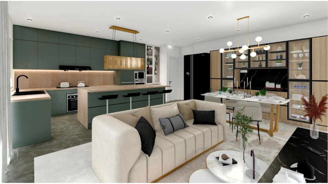 Open-Plan Living Kitchen and Dining Interior Design London A contemporary open-plan space combining kitchen, dining, and living areas with custom cabinetry, designer lighting, and soft furnishings, created by Oraanj Interiors in London.