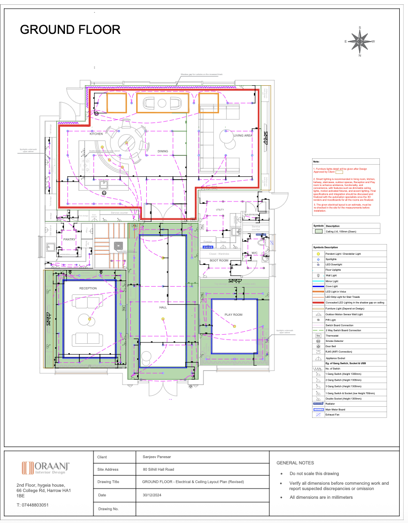 Ground floor electrical and ceiling lighting layout plan (AutoCAD drawing) showing wiring routes, switches and lighting points
