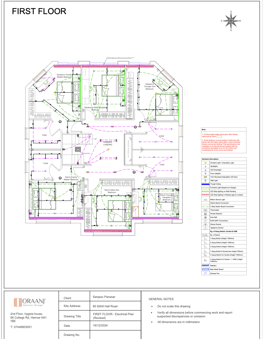 First floor electrical layout plan (AutoCAD drawing) with lighting points, switches, sockets and wiring connections