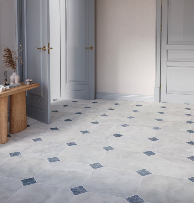 Light stone tile flooring with geometric inlays, ideal for entryways and hallways seeking timeless flooring design.