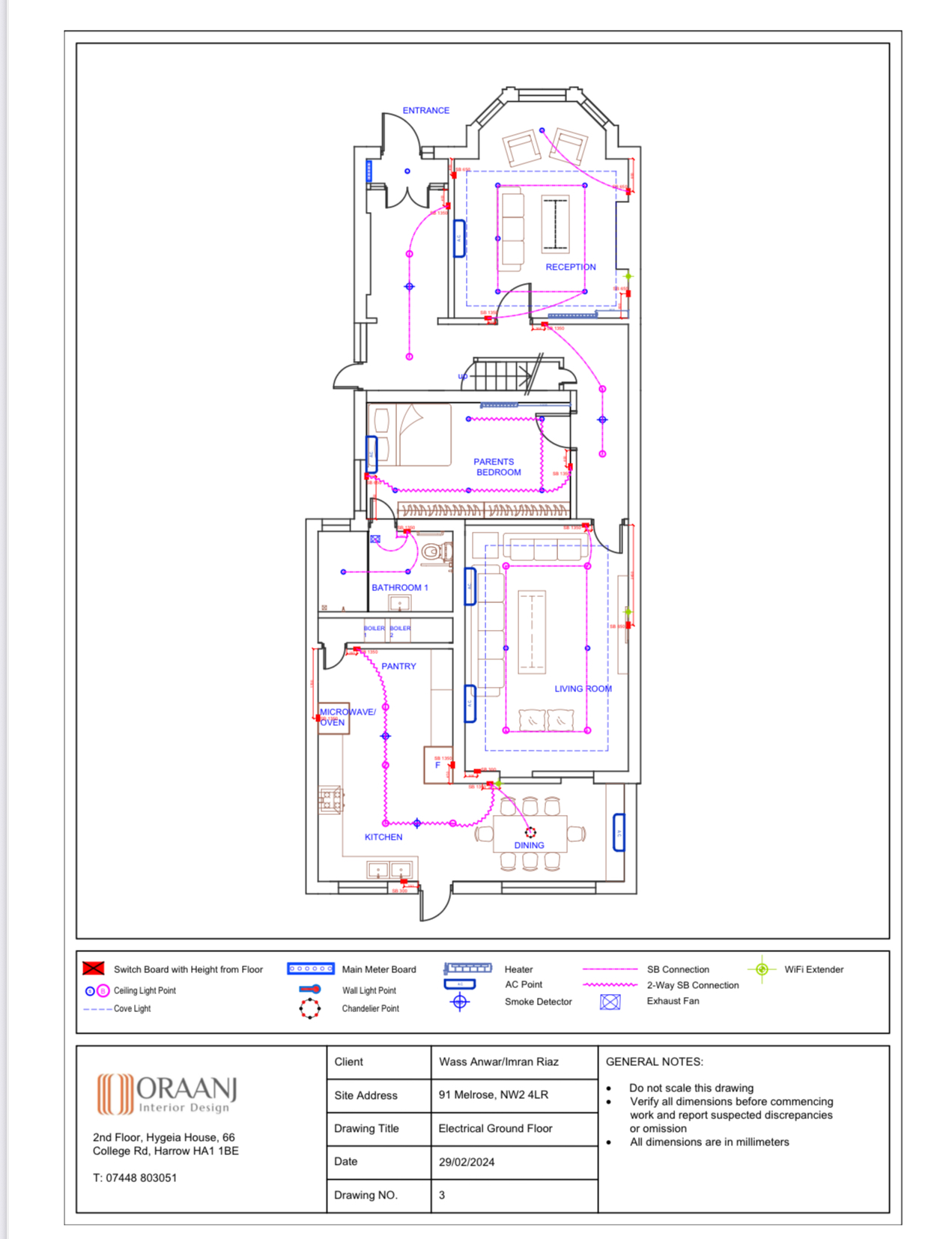 First floor electrical and lighting plan drawing with room layouts, switch lines and electrical connections