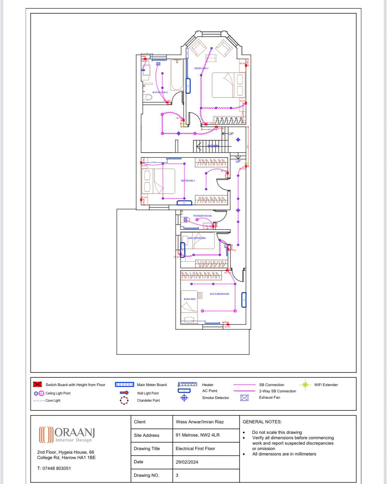 AutoCAD first floor electrical plan showing lighting circuits, socket locations, and switch controls for each room
