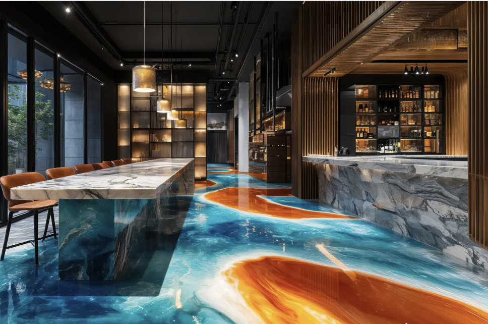 High-End Marble Bar Interior Design Upscale bar interior showcasing marble countertops, designer lighting and artistic flooring for an exclusive hospitality experience