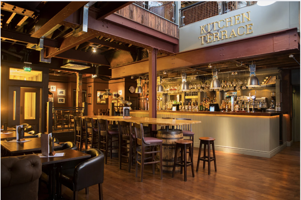 Classic Pub Bar Interior Design Traditional pub-inspired bar interior with timber finishes, high tables and warm lighting for relaxed social spaces.