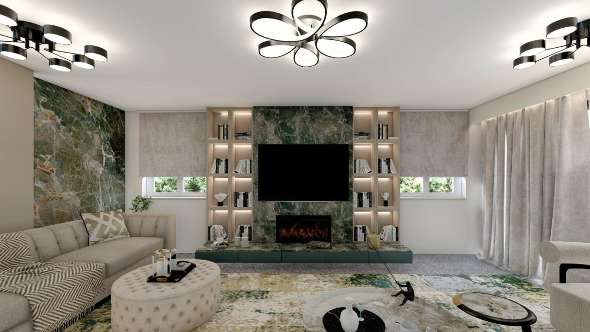 Luxury Living Room Interior Sourcing with Fireplace Elegant living room featuring marble fireplace wall, built-in shelving and ambient lighting, curated through interior design sourcing.