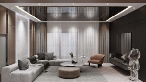 Modern small lounge interior with grey sectional sofa, marble coffee table, and recessed ceiling lighting