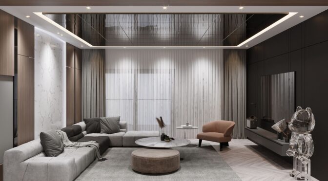 Modern small lounge interior with grey sectional sofa, marble coffee table, and recessed ceiling lighting