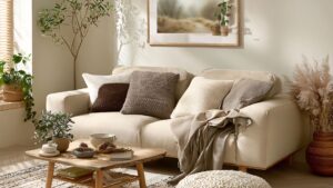 Cozy living room with a cream sofa, mixed brown and beige pillows, a grey throw blanket, wooden coffee table with plants and books, and natural light from a window.