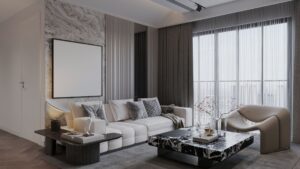 Contemporary small apartment lounge with neutral sofa, marble coffee table, and large windows