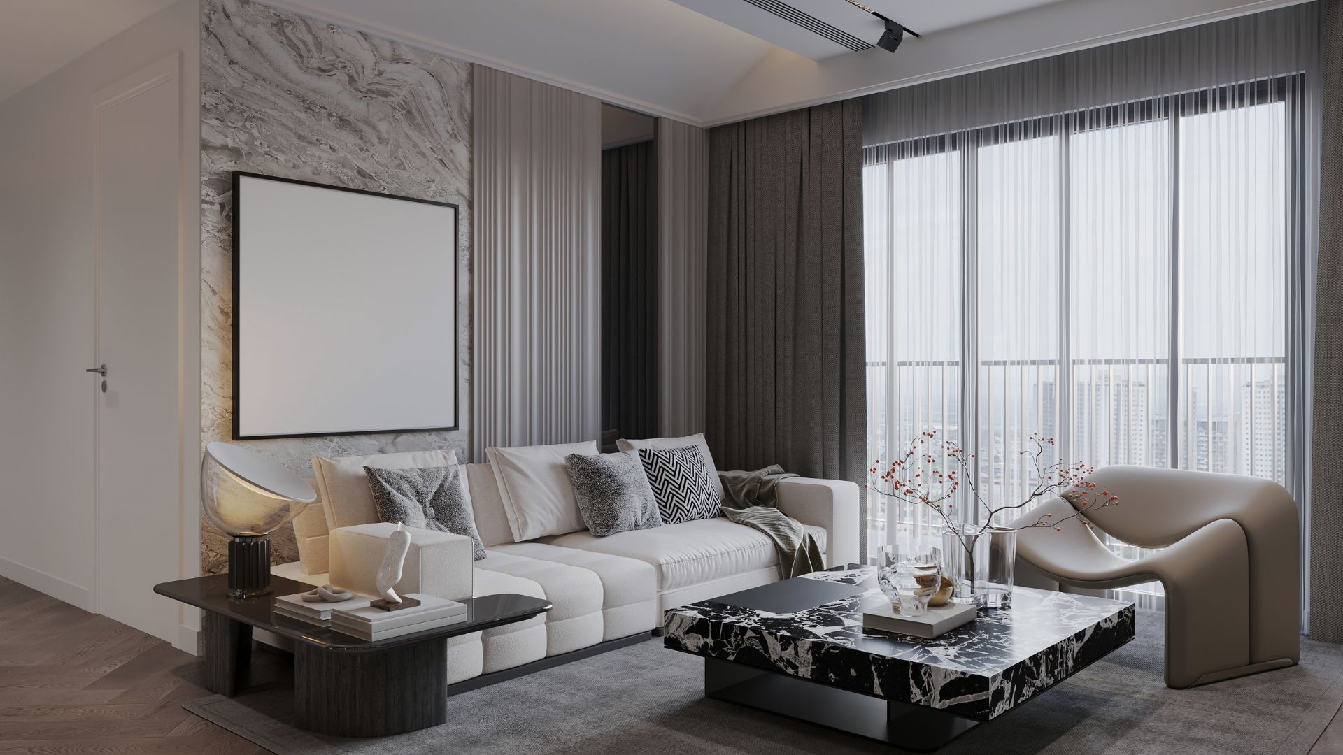 Modern luxury lounge room with marble coffee table, neutral sofa and floor-to-ceiling windows