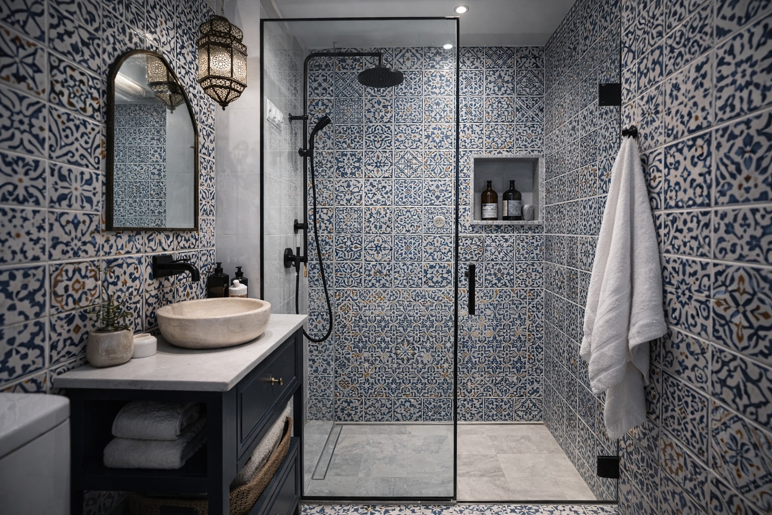 A bold Moroccan-inspired small bathroom featuring patterned tiles, frameless shower glass, and sleek black fixtures for a modern finish.