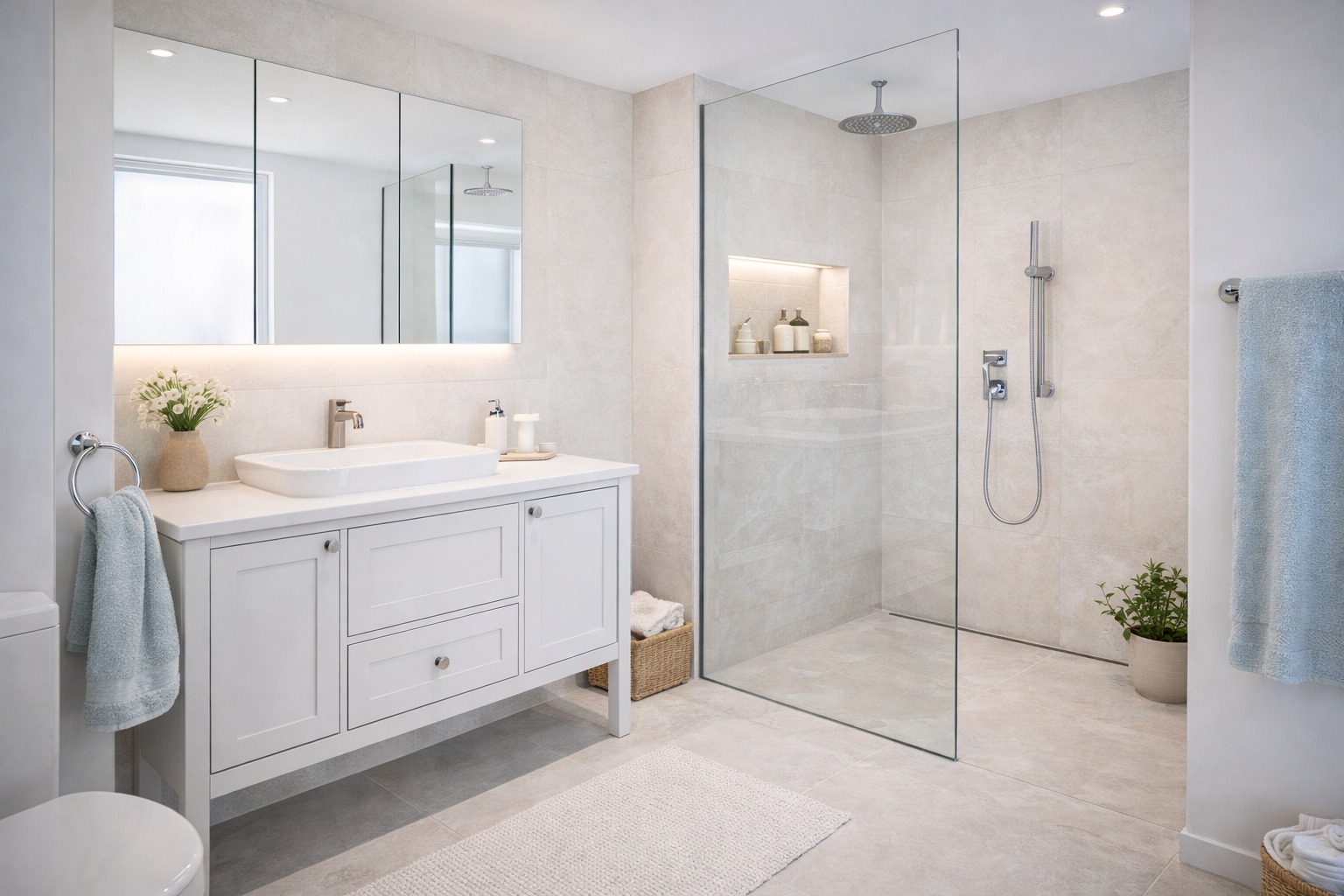 Small bathroom with walk-in glass shower, white vanity, beige tiles, mirrored cabinet, and soft neutral colour palette.