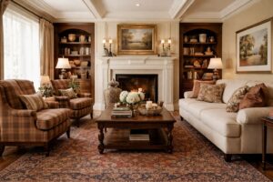 Traditional sitting room with warm colour palette, wooden furniture, patterned armchairs, layered textiles, statement rug and decorative mouldings