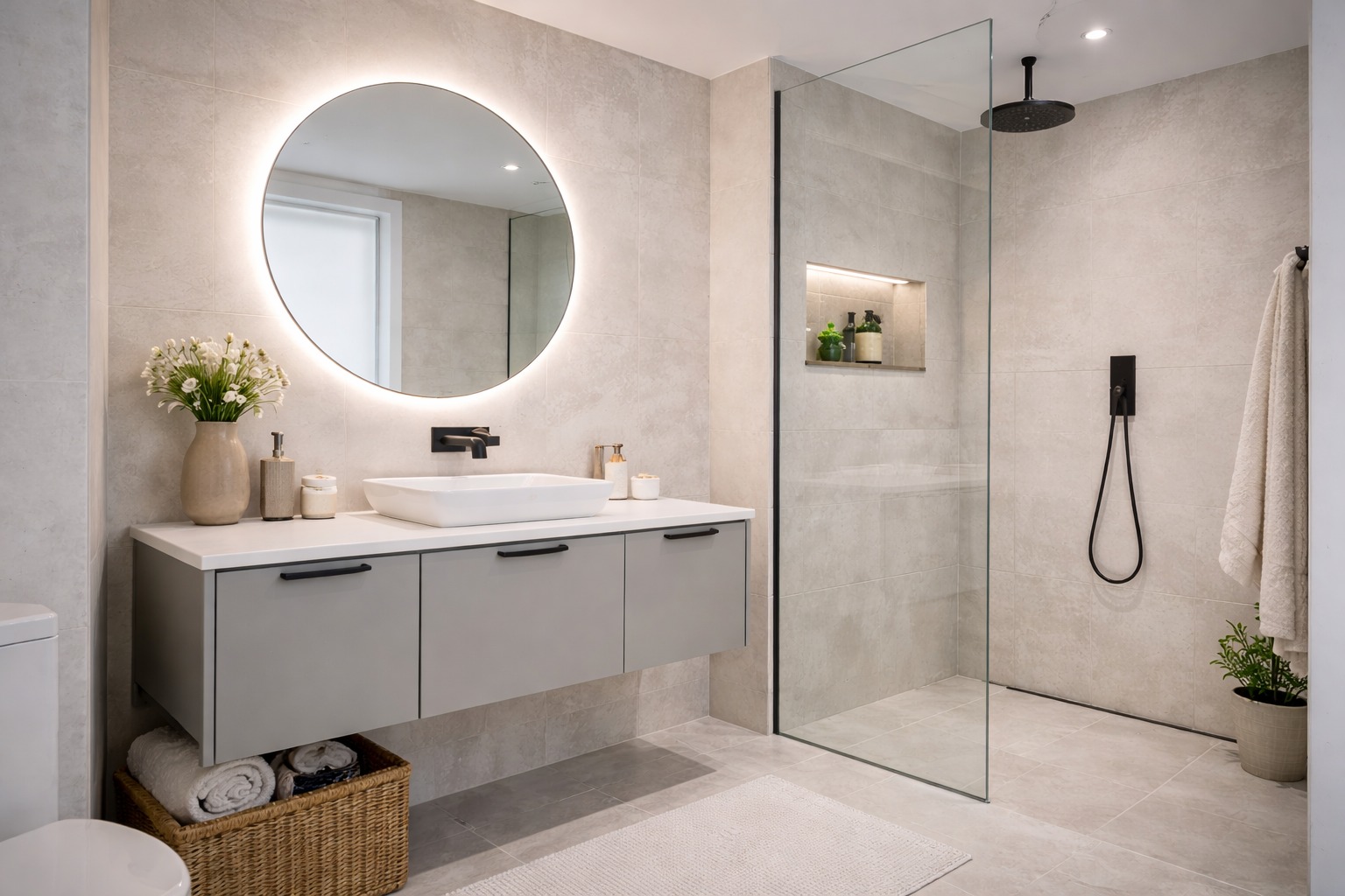 A contemporary small bathroom design showcasing a frameless walk-in shower, wall-mounted toilet, floating wooden vanity, round backlit mirror, and soft neutral tiles. Clever storage, natural accents, and glass panels create a bright, spacious feel in this compact shower bathroom layout.