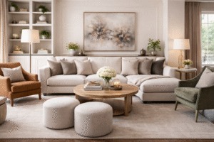 Comfortable sitting room seating with sectional sofa, accent chairs, ottomans, and soft neutral décor