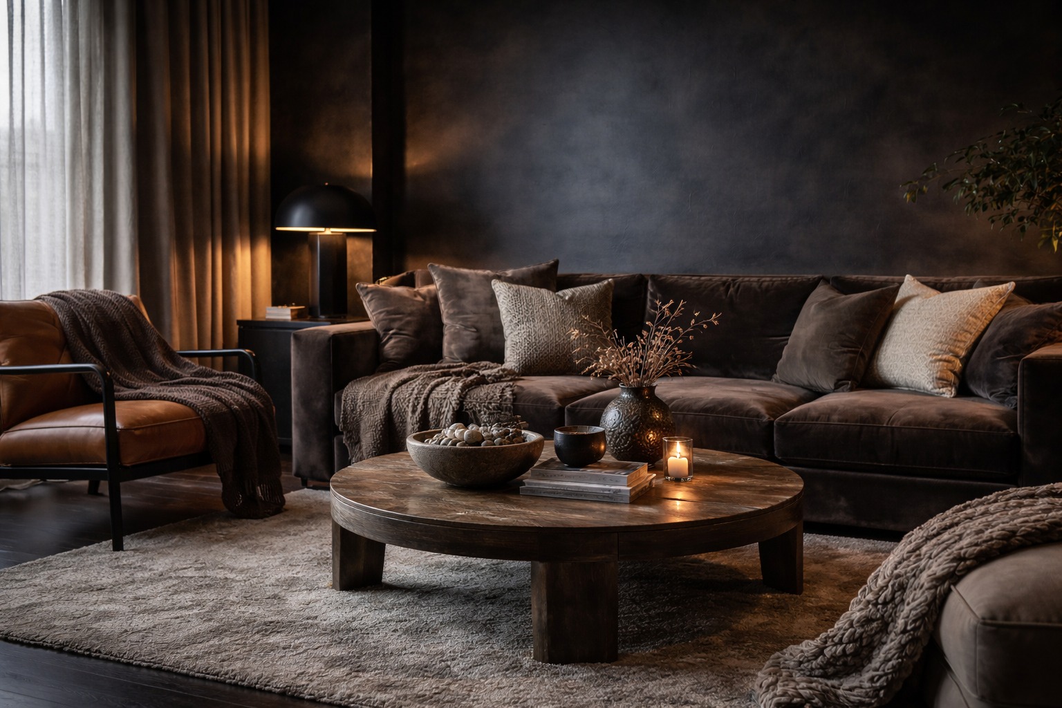 Dark living room with layered textures featuring velvet cushions, wool throws, leather chair, wooden coffee table, and soft rug