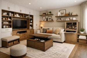 Sitting room with smart storage solutions including built-in cabinets, floating shelves, media unit, storage bench and hidden coffee table compartments