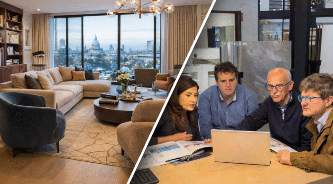 Diagonal collage showing a modern London living room interior alongside a professional interior design team reviewing plans in a studio.