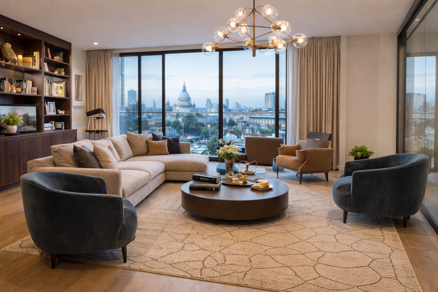 Contemporary London living room interior with neutral tones, modern furniture, and city skyline view designed by an interior design studio.
