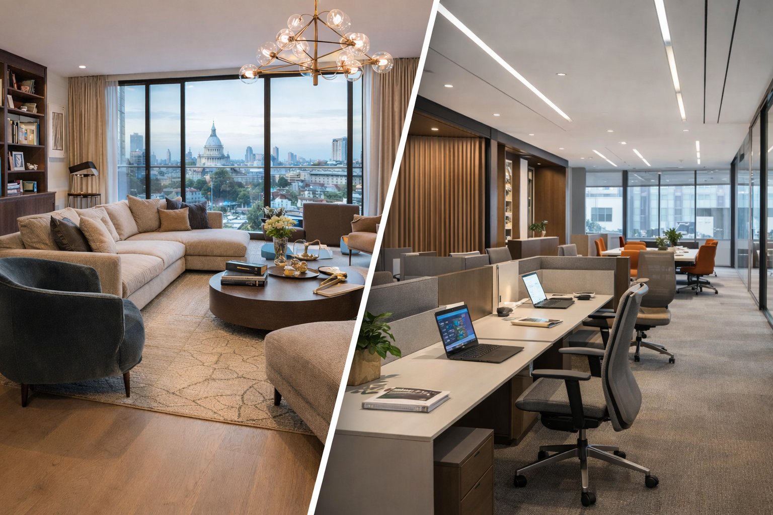 Side-by-side collage showing a modern London living room interior and a contemporary commercial office space designed by an interior design studio.