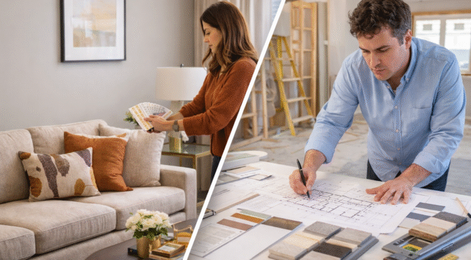 Split image showing an interior decorator styling a living room and an interior designer working on floor plans and material samples.