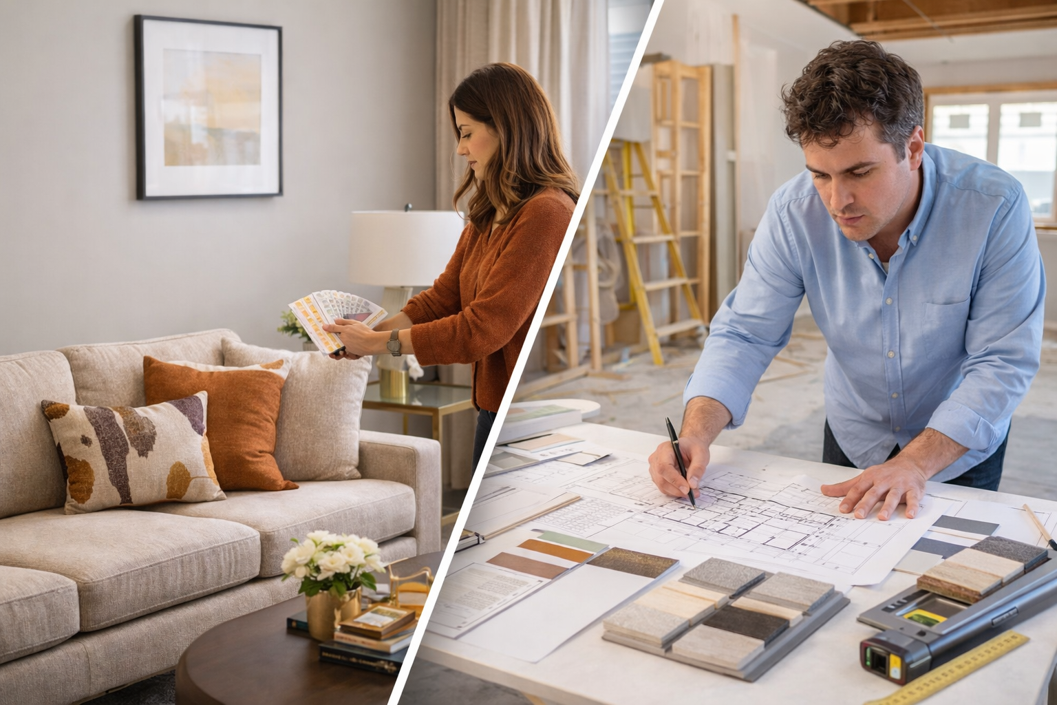 Split image showing an interior decorator styling a living room and an interior designer working on floor plans and material samples.