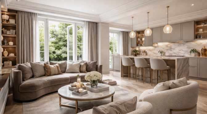 Luxury residential interior design in a modern London townhouse with open-plan living room and marble kitchen
