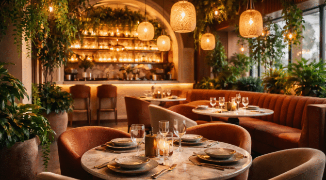 Modern restaurant interior with marble tables, curved velvet seating, pendant lighting, indoor plants, and a softly illuminated bar area.