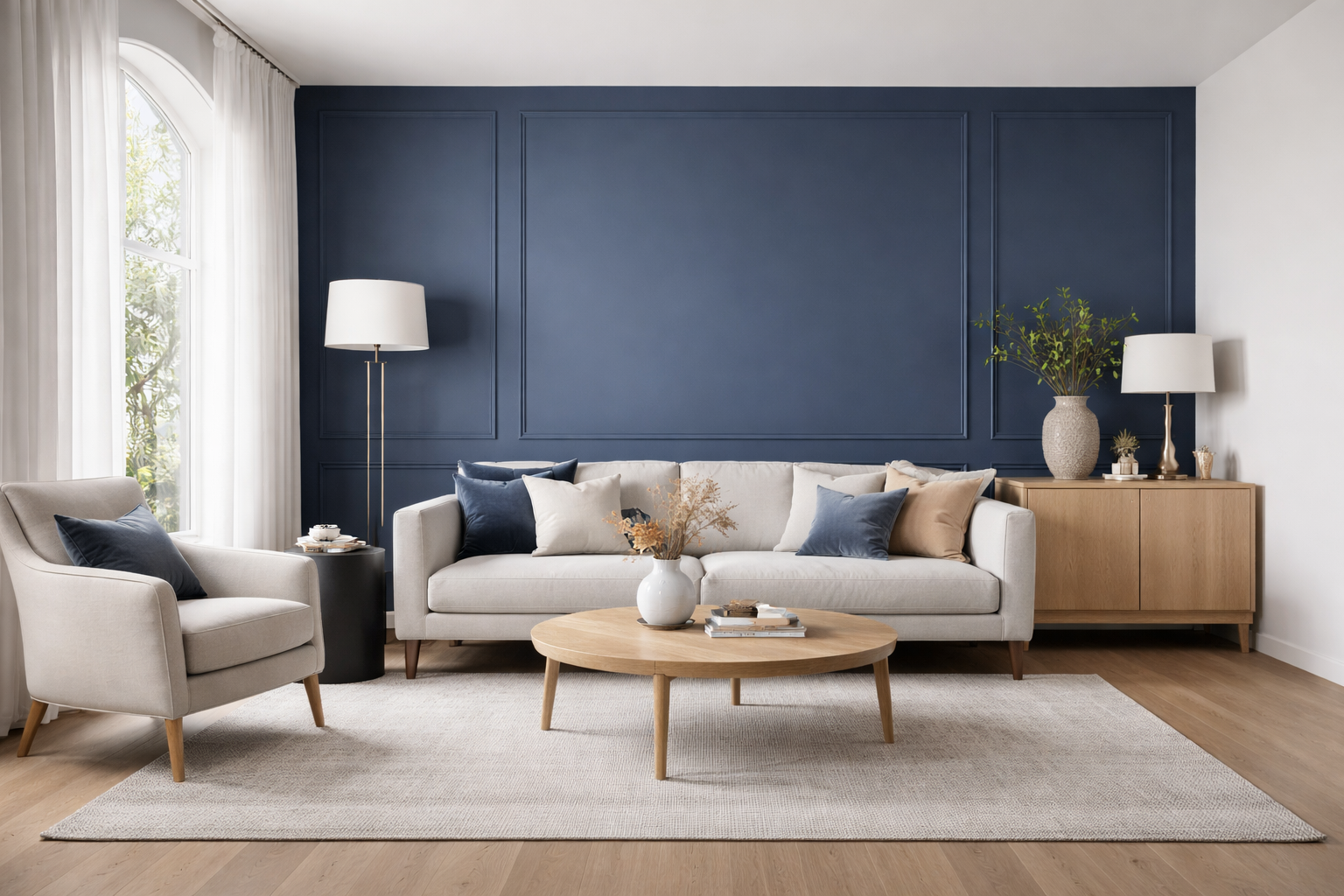 Modern blue living room with navy feature wall, beige sofa, light wood coffee table, neutral armchair, and minimalist decor