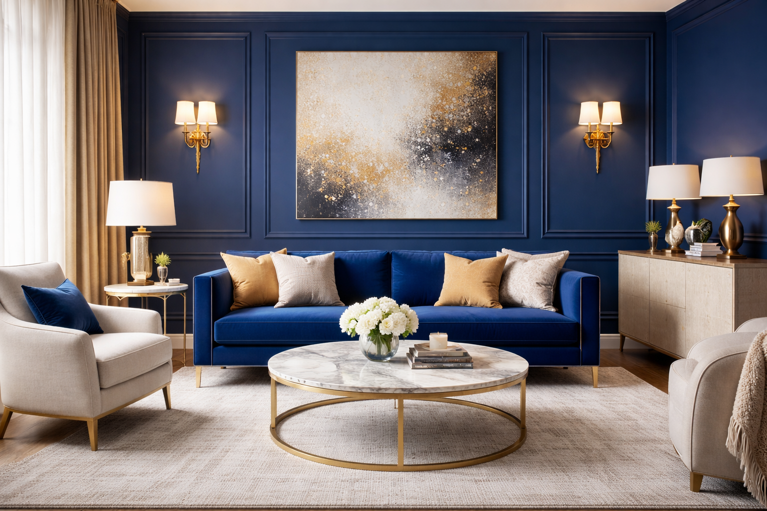 Royal blue living room with velvet sofa, gold wall sconces, marble coffee table, cream armchairs, and luxury decor