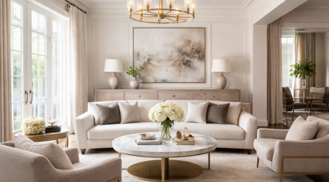 Elegant sitting room interior with cream sofa, marble coffee table, soft lighting, and modern neutral décor