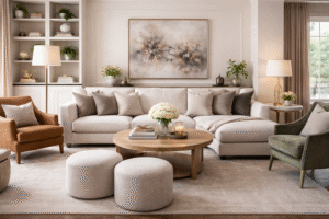 Comfortable sitting room seating with sectional sofa, accent chairs, ottomans, and soft neutral décor