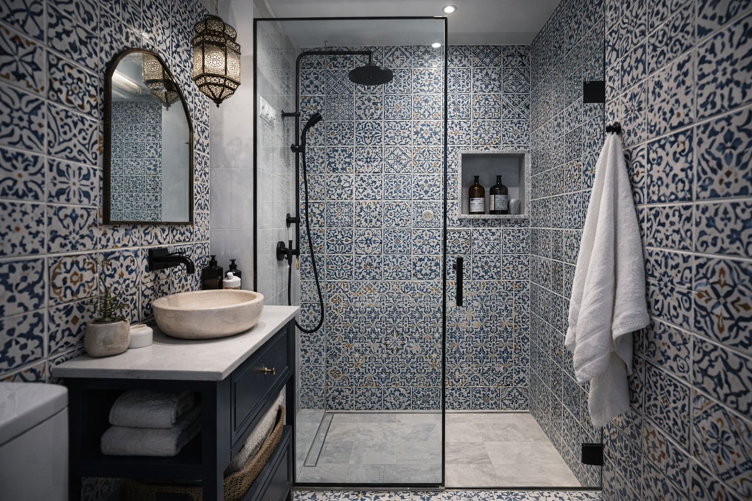 Small Moroccan-style bathroom with walk-in glass shower, blue patterned tiles, stone basin, and matte black fittings.