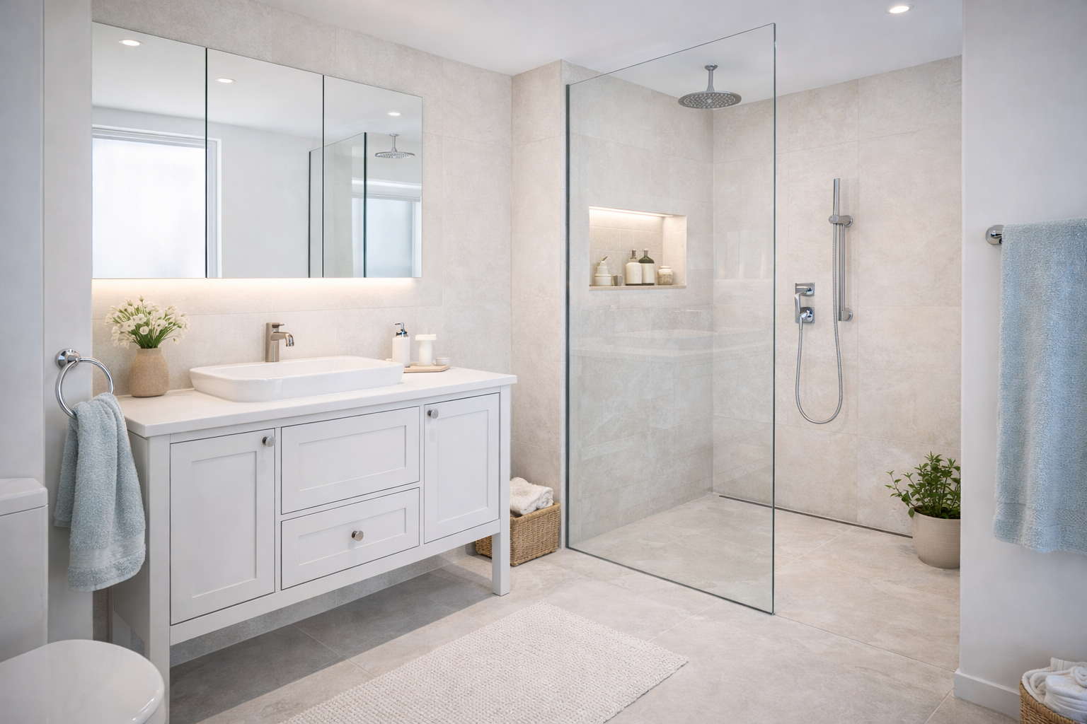 Small bathroom with walk-in glass shower, white vanity, beige tiles, mirrored cabinet, and soft neutral colour palette.