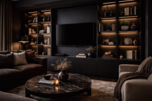 Dark built-in storage with floor-to-ceiling shelving, media wall, and integrated lighting in a modern living room
