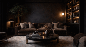 Dark living room interior with ambient lighting, charcoal walls, plush sofa, and modern luxury décor without natural light