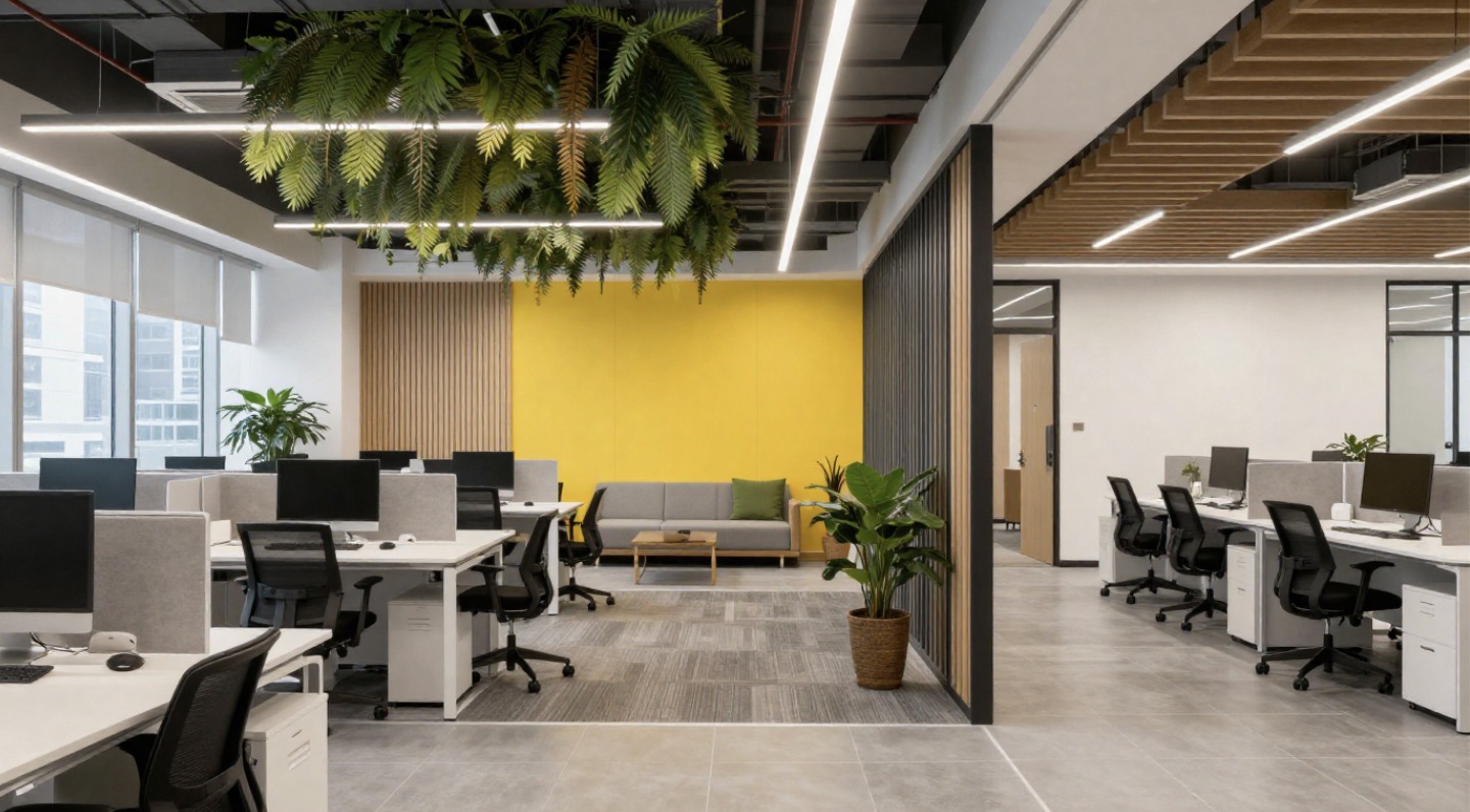 Modern open‑plan office with white desks, black chairs, a bright yellow accent wall, grey sofa, hanging fern greenery and linear LED lighting.