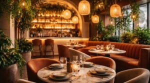 Modern restaurant interior with marble tables, curved velvet seating, pendant lighting, indoor plants, and a softly illuminated bar area.