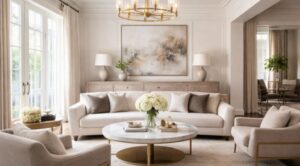 Comfortable sitting room seating with sectional sofa, accent chairs, ottomans, and soft neutral décor