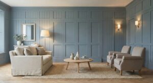 Modern living room featuring floor-to-ceiling dusty blue shaker-style wall panelling, a beige linen sofa, and light oak herringbone flooring.