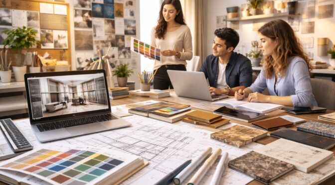 Interior design interns reviewing floor plans, material samples, and 3D renderings in a London design studio.