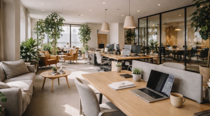 Landscape view of a modern office interior with open-plan desks, ergonomic chairs, indoor plants, glass meeting room, lounge seating, and natural wood finishes.