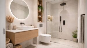 Small modern bathroom with walk-in glass shower, floating wooden vanity, round mirror, and neutral tiles.
