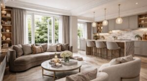 Luxury residential interior design in a modern London townhouse with open-plan living room and marble kitchen
